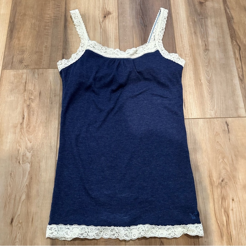 American Eagle Vintage Y2K Navy Blue Ivory Lace Tank Top Large